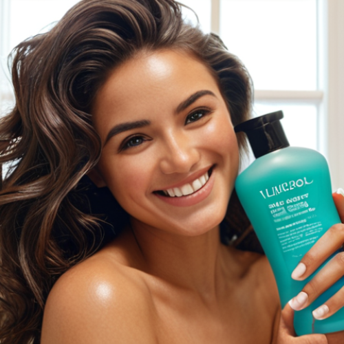 Home 15 **Prompt:** Woman with voluminous, shiny hair smiles, holding a bottle of silicone-free shampoo in a bright bathroom. Soft, diffused lighting. Focus on hair texture and healthy glow. Background blurred.