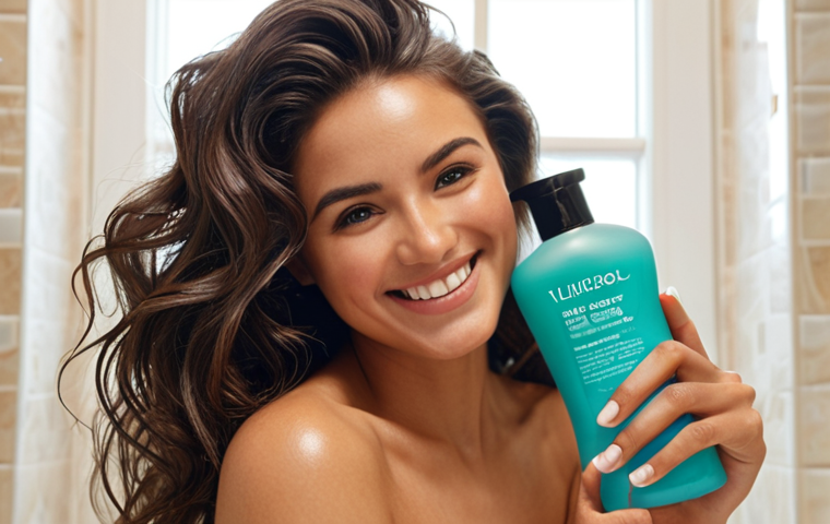 **Prompt:** Woman with voluminous, shiny hair smiles, holding a bottle of silicone-free shampoo in a bright bathroom. Soft, diffused lighting. Focus on hair texture and healthy glow. Background blurred.