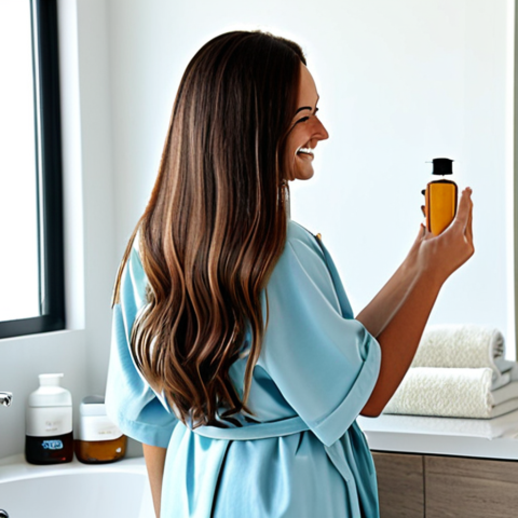 Argan Oil Treatment**

A woman with long, flowing hair, smiling gently, applying Argan oil to the ends of her hair in a bright, modern bathroom. She is wearing a comfortable, fully clothed, modest robe. The scene emphasizes the shine and healthy appearance of her hair. Safe for work, appropriate content, professional, family-friendly, perfect anatomy, correct proportions, natural pose, well-formed hands, proper finger count, natural body proportions, high quality.

**