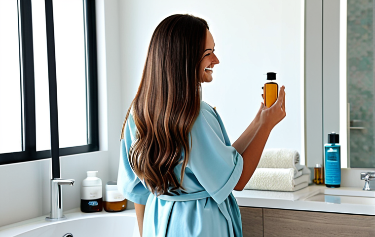 Argan Oil Treatment**

A woman with long, flowing hair, smiling gently, applying Argan oil to the ends of her hair in a bright, modern bathroom. She is wearing a comfortable, fully clothed, modest robe. The scene emphasizes the shine and healthy appearance of her hair. Safe for work, appropriate content, professional, family-friendly, perfect anatomy, correct proportions, natural pose, well-formed hands, proper finger count, natural body proportions, high quality.

**