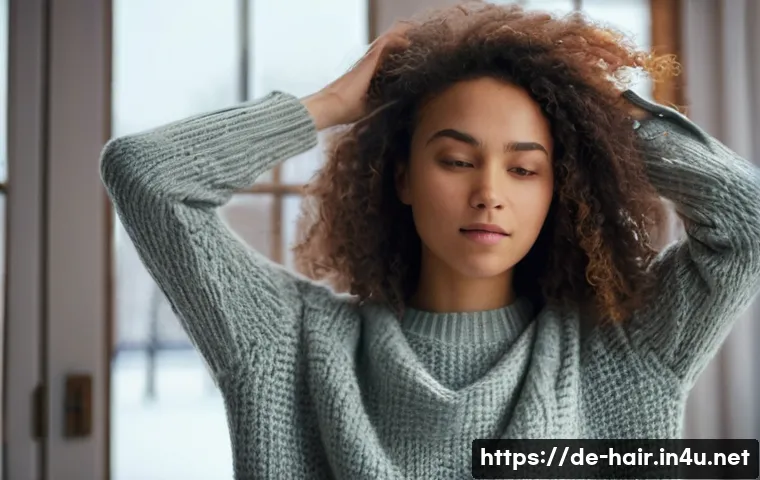 건조한 날씨에 적합한 헤어제품 - **Prompt 1: Winter Hair Woes and Dry Air**
    A close-up, expressive portrait of a young woman with...