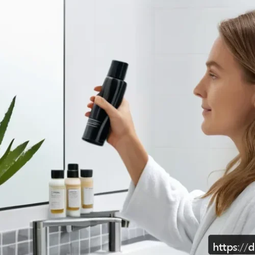 올리브영 인기 드라이 샴푸 비교 - A bright, modern bathroom scene featuring a young German woman with shoulder-length light brown hair...