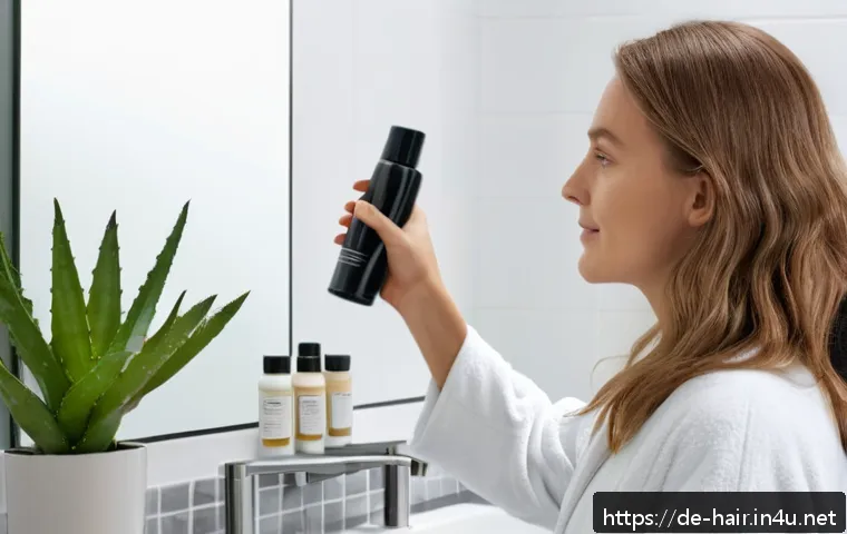 올리브영 인기 드라이 샴푸 비교 - A bright, modern bathroom scene featuring a young German woman with shoulder-length light brown hair...