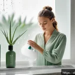 헤어미스트와 헤어스프레이 차이 - A serene modern bathroom scene featuring a sleek spray bottle labeled "Hair Mist" on a marble counte...
