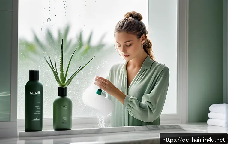 헤어미스트와 헤어스프레이 차이 - A serene modern bathroom scene featuring a sleek spray bottle labeled "Hair Mist" on a marble counte...