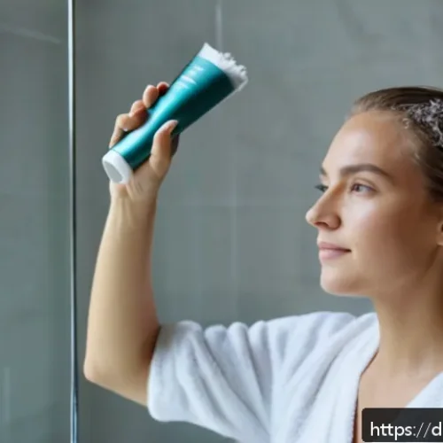 드라이 샴푸 사용 시 주의사항 - A close-up portrait of a young German woman with fine hair applying dry shampoo in a modern bathroom...