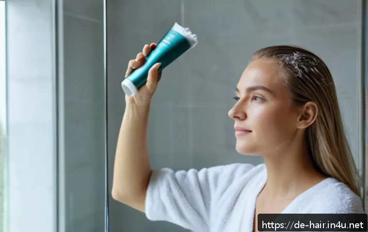드라이 샴푸 사용 시 주의사항 - A close-up portrait of a young German woman with fine hair applying dry shampoo in a modern bathroom...