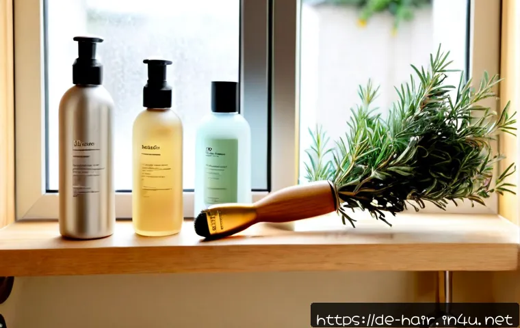 비건 헤어케어 브랜드 추천 - Photorealistic editorial still life of several unbranded vegan haircare products in elegant recyclab...