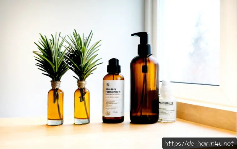 Home 15 비듬 완화 토닉 제품 추천 - Photorealistic close-up product comparison scene for dandruff relief scalp tonics, three unbranded a...